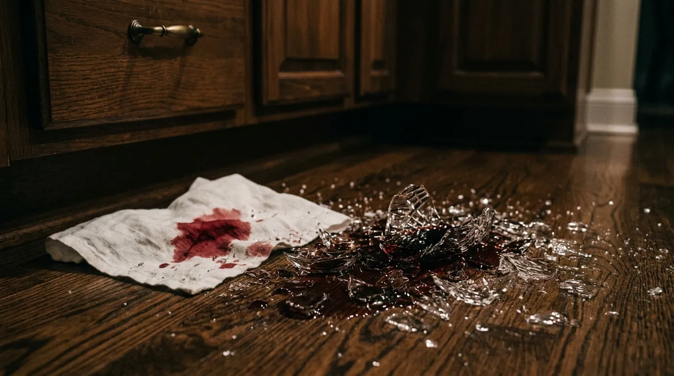Shattered wine glass and a blood-stained white cloth napkin on a wooden floor