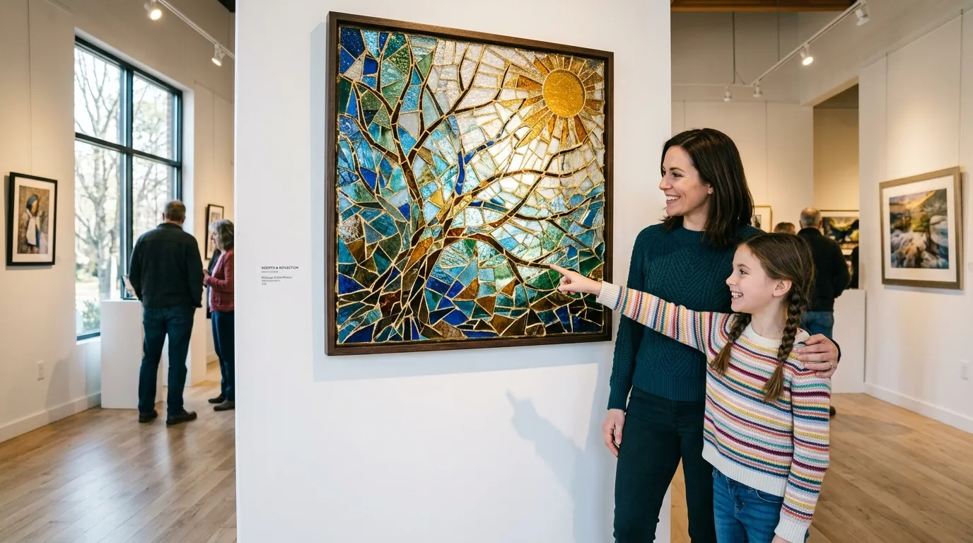 A glowing mosaic artwork made of shattered glass and gold wire in an art gallery.