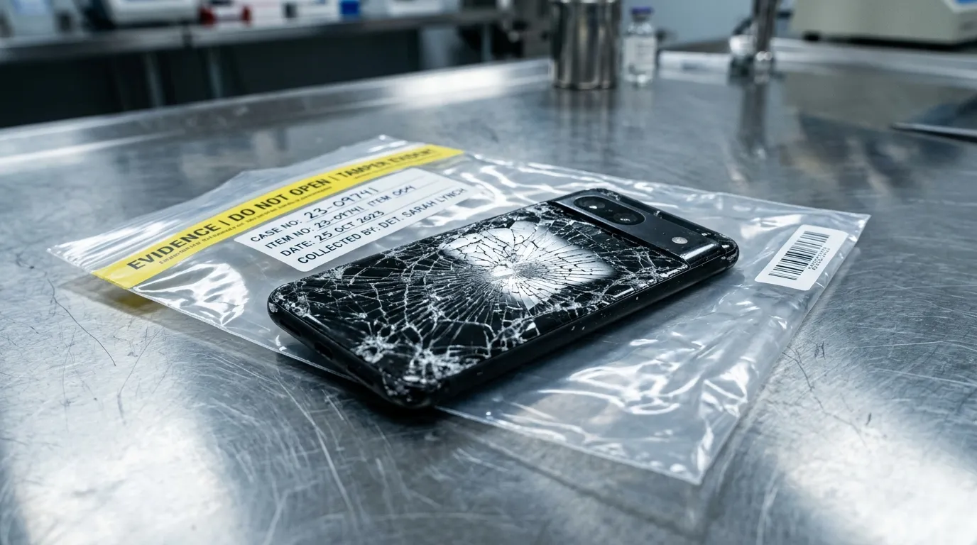 A shattered smartphone sealed inside a clear plastic police evidence bag.