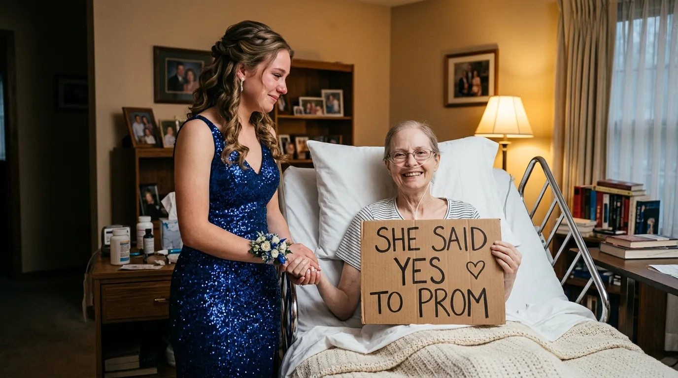 Sick mother in a hospital bed smiling with her teenage daughter in a blue prom dress holding a sign