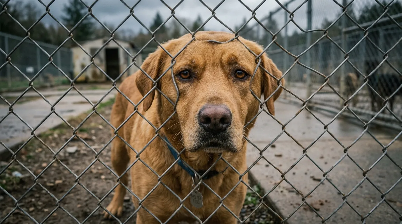 A gentle golden retriever and pitbull mix looking sadly through a chain-link fence at an animal shelter