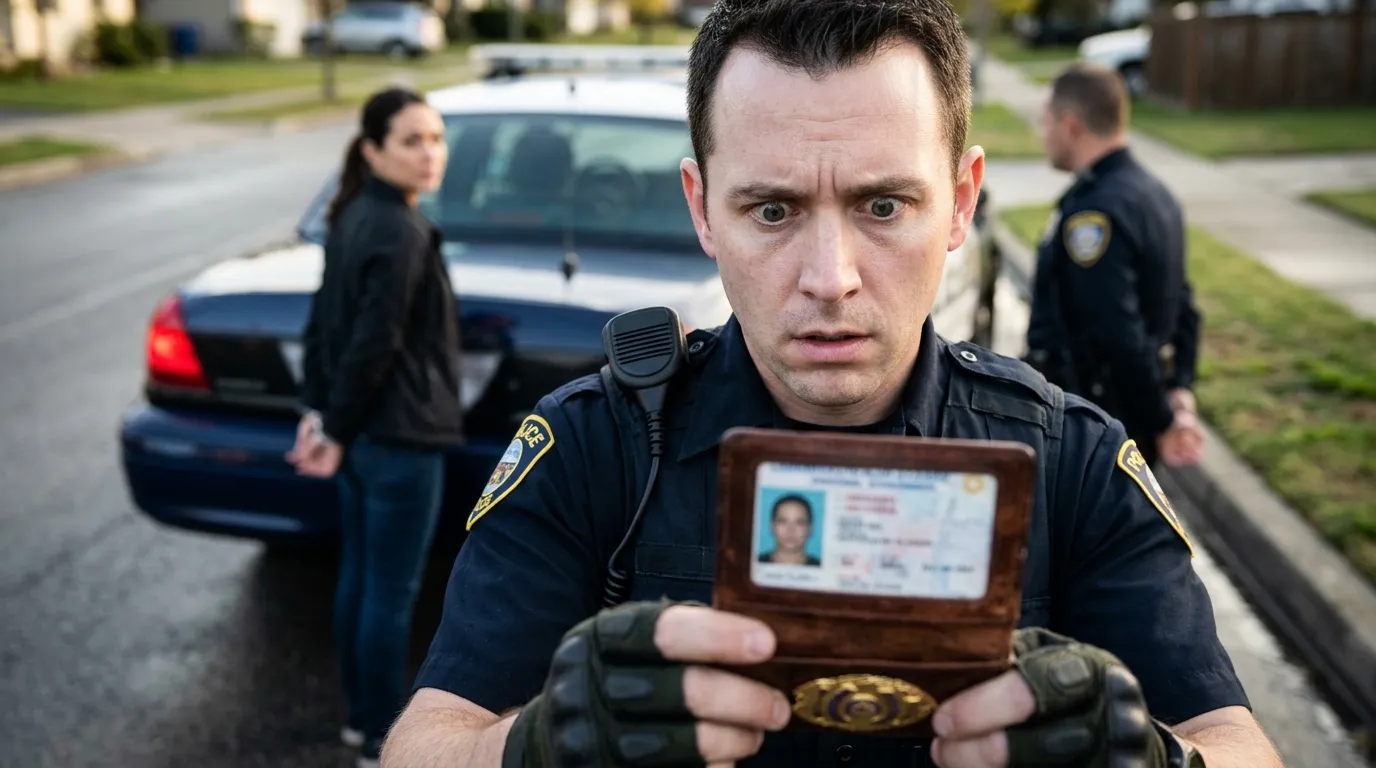 A shocked police officer looking at an ID badge while a handcuffed woman stands nearby.