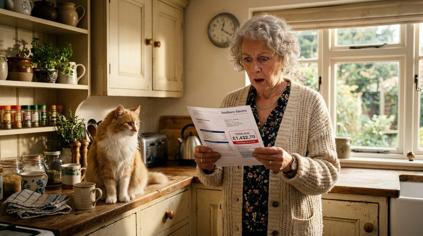 Older woman looking shocked at her electric bill in a cozy kitchen