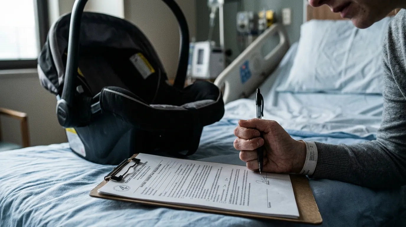 Close-up of a trembling hand holding a pen over hospital documents next to an empty baby carrier.
