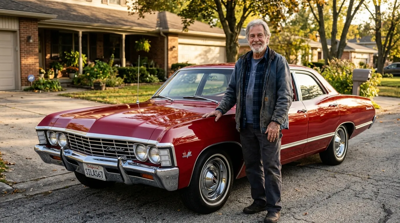 69-year-old Silas standing proudly next to his fully restored cherry-red 1967 classic car in his driveway.