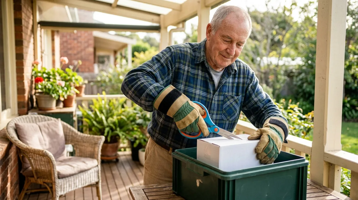 Elderly man proudly opening his own package with modified tools