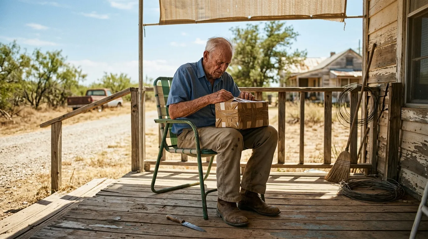Elderly man struggling with a taped package on his porch