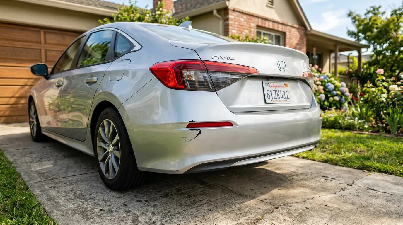 A silver Honda Civic with a small scratch on the rear bumper.