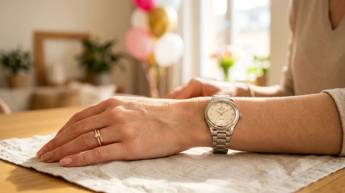 A close-up of a gleaming silver watch worn on a woman's wrist, bathed in warm sunlight.