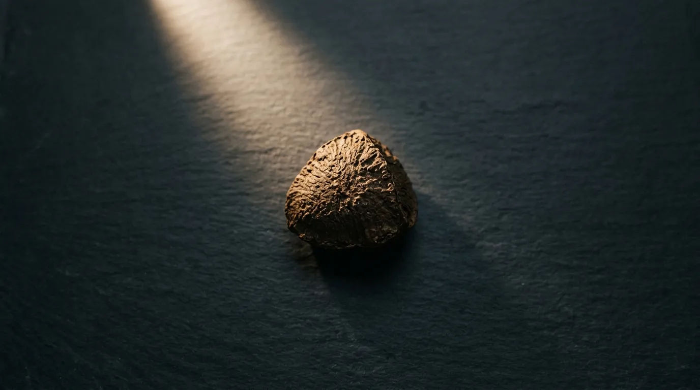 A single Brazil nut resting on a dark slate table