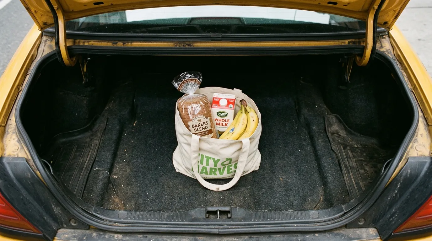 A single reusable grocery bag in the trunk of a car