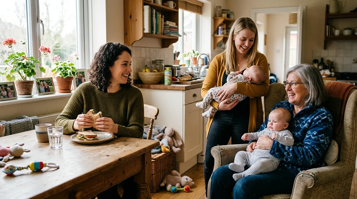 Two women smiling and helping a mother by holding her twin babies in a cozy living room