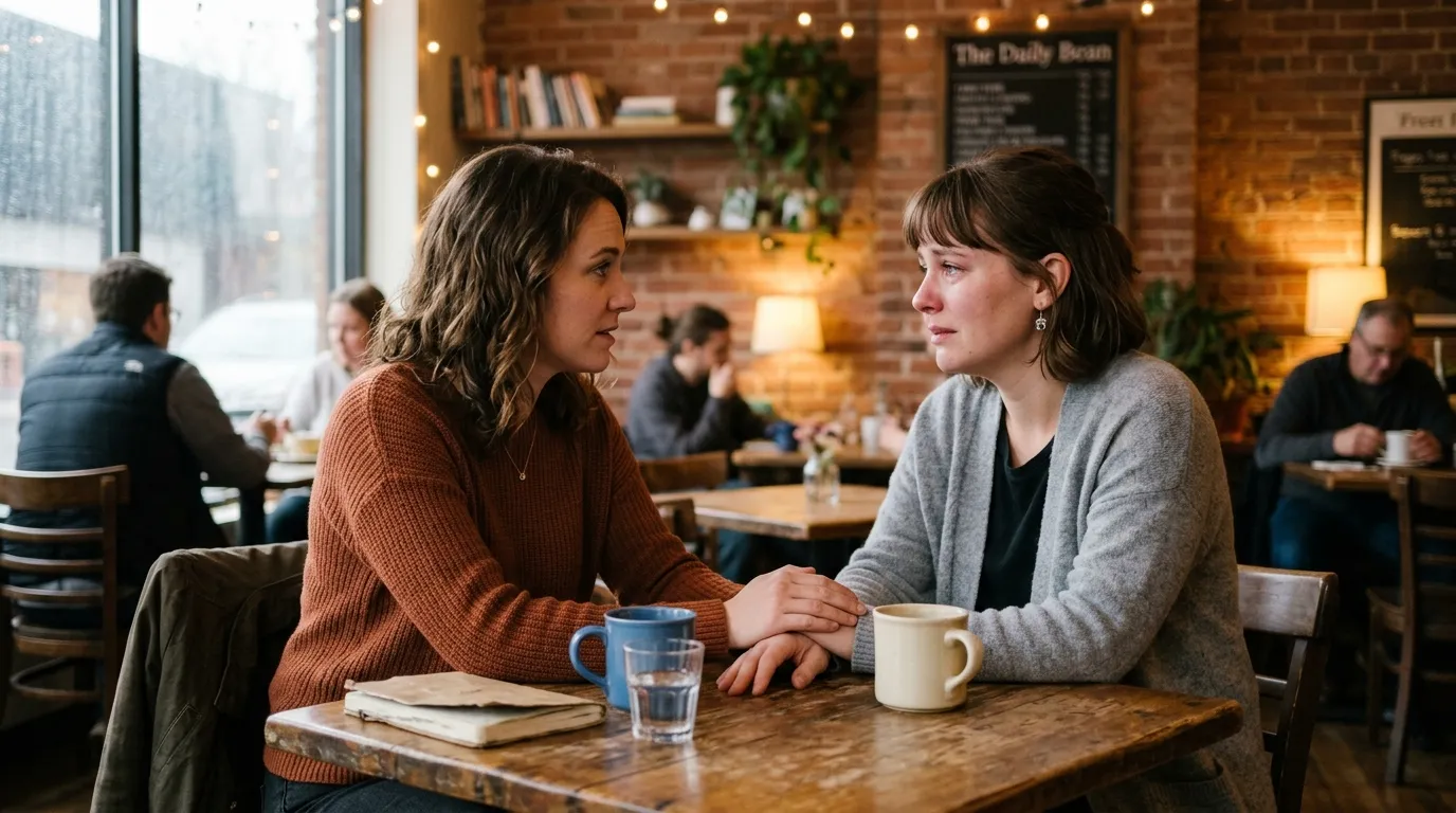 Two sisters having a heartfelt conversation over coffee