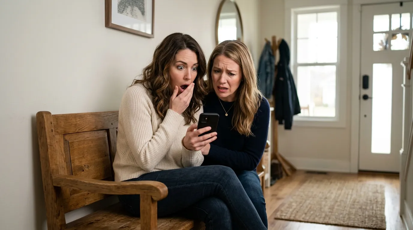 Two adult sisters sitting in an entryway, looking shocked as they compare text messages on a smartphone.