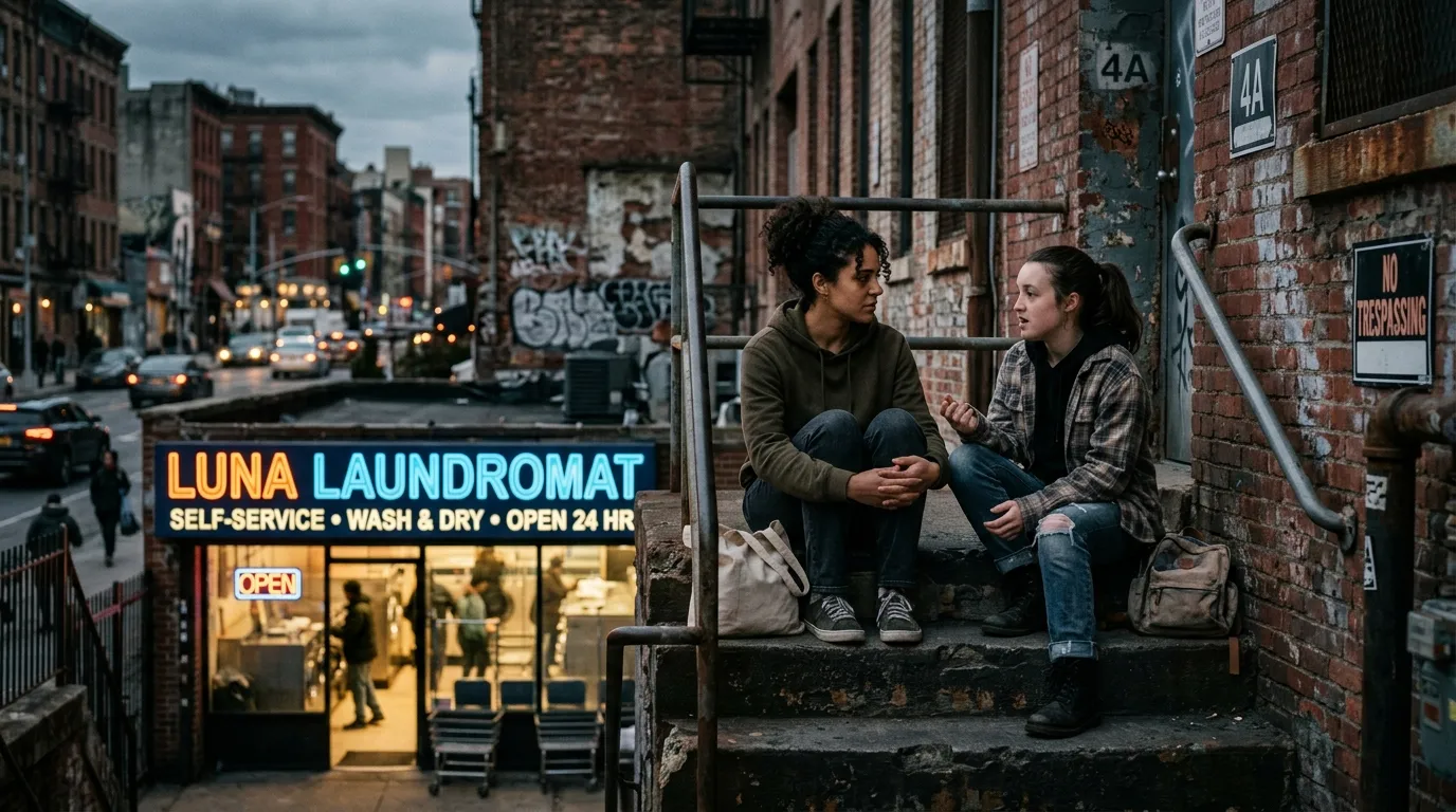 Two young women sitting cautiously on the steps of a brick building, talking earnestly.