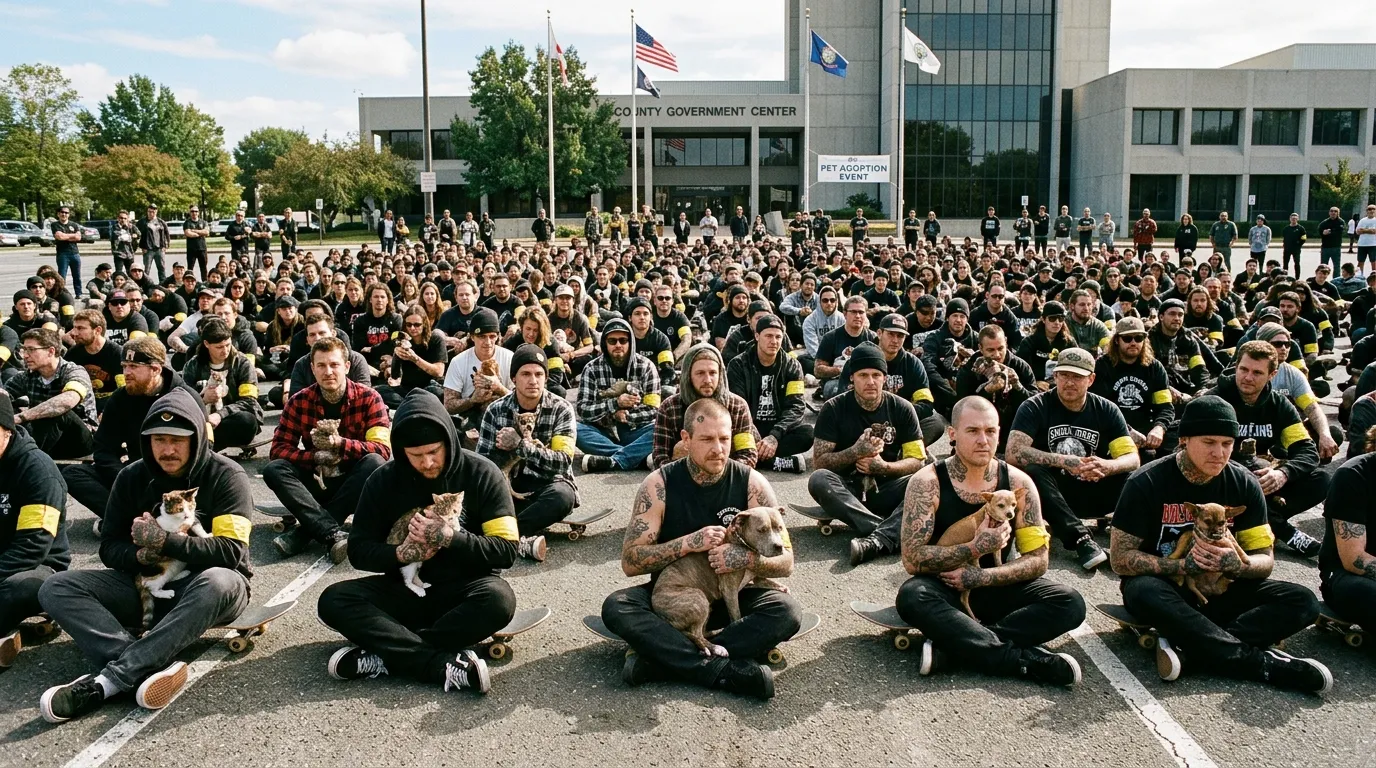 Over two hundred tattooed skateboarders sitting silently on their skateboards forming a human wall, wearing yellow armbands and holding rescue pets