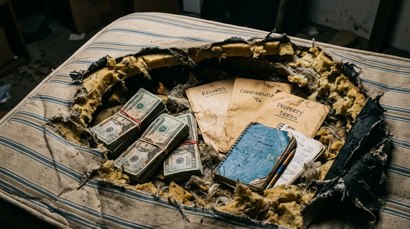 A slashed open mattress revealing thick bundles of damp cash and a worn spiral notebook