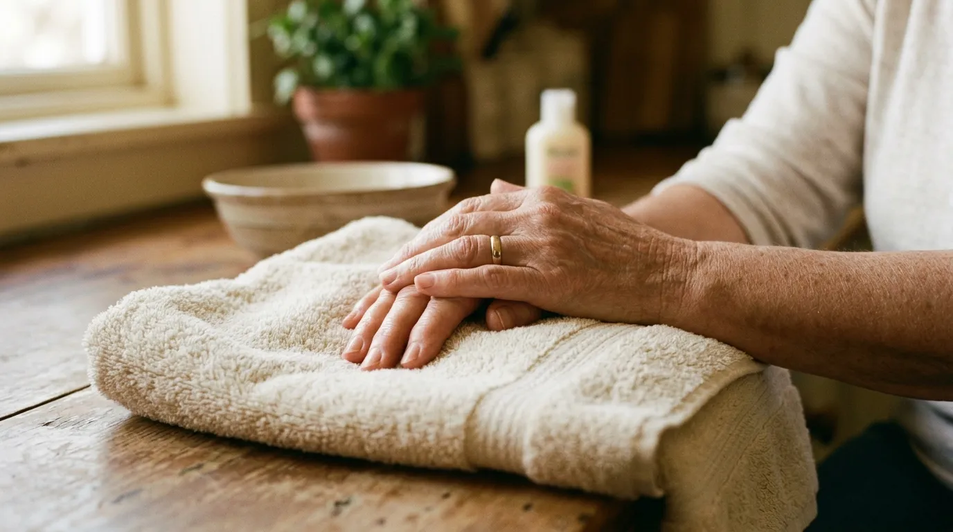 Hands resting comfortably on a warm towel after a soothing treatment