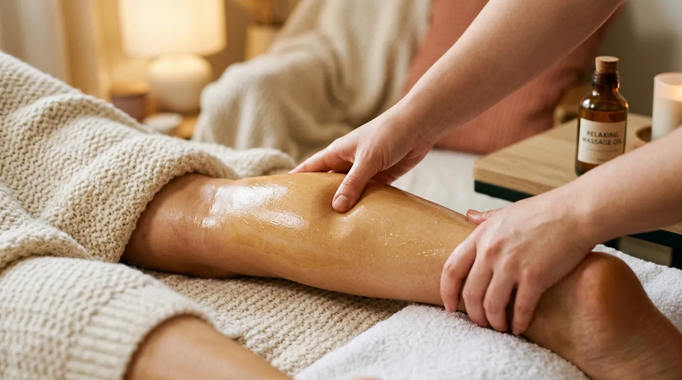 Close-up of a gentle leg massage using golden infused herbal oil.