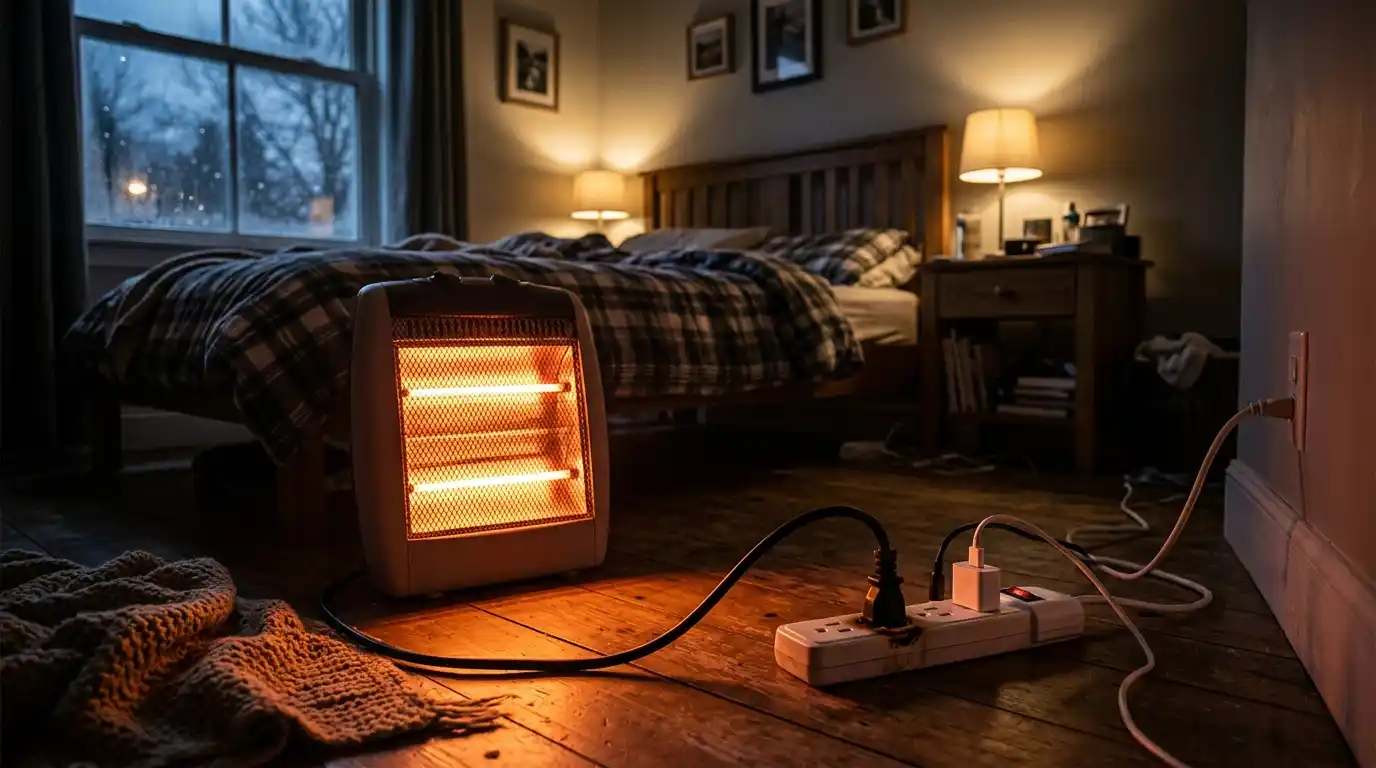 Glowing orange space heater plugged into a melting power strip in a dark bedroom