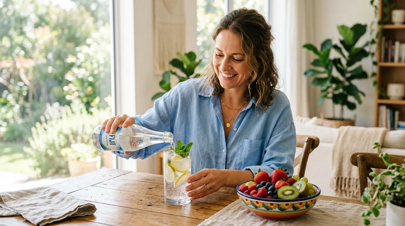 A refreshing glass of sparkling water with lemon and mint