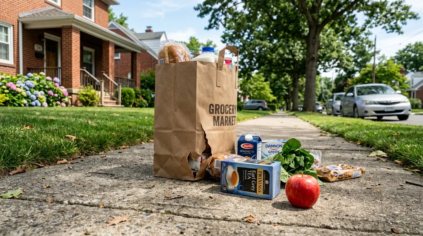 Groceries spilling from a torn paper bag on a sidewalk
