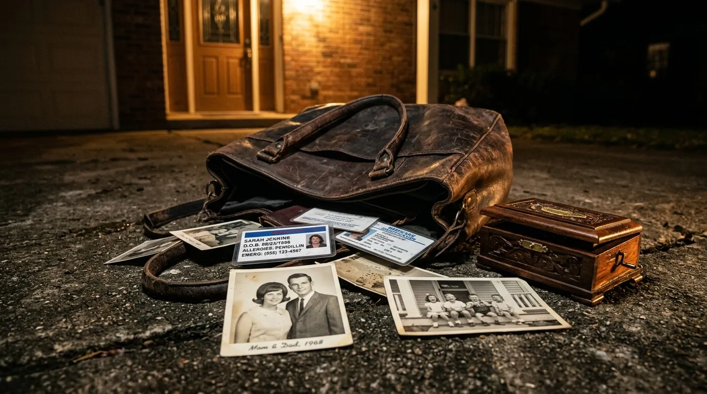 A leather tote bag spilled on a driveway, revealing medical cards, old photos, and a wooden music box.