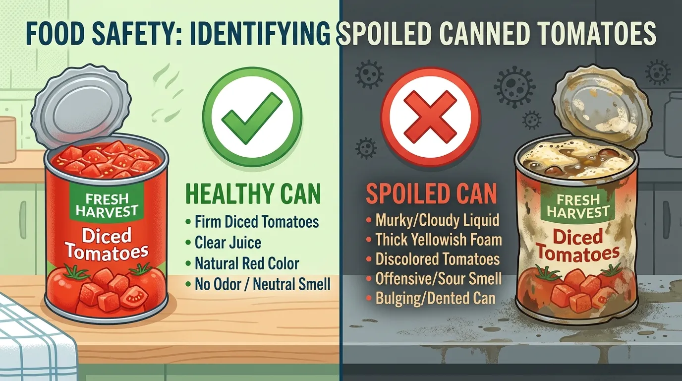 Illustration comparing a healthy can of tomatoes with a spoiled can showing thick foam and cloudy liquid.