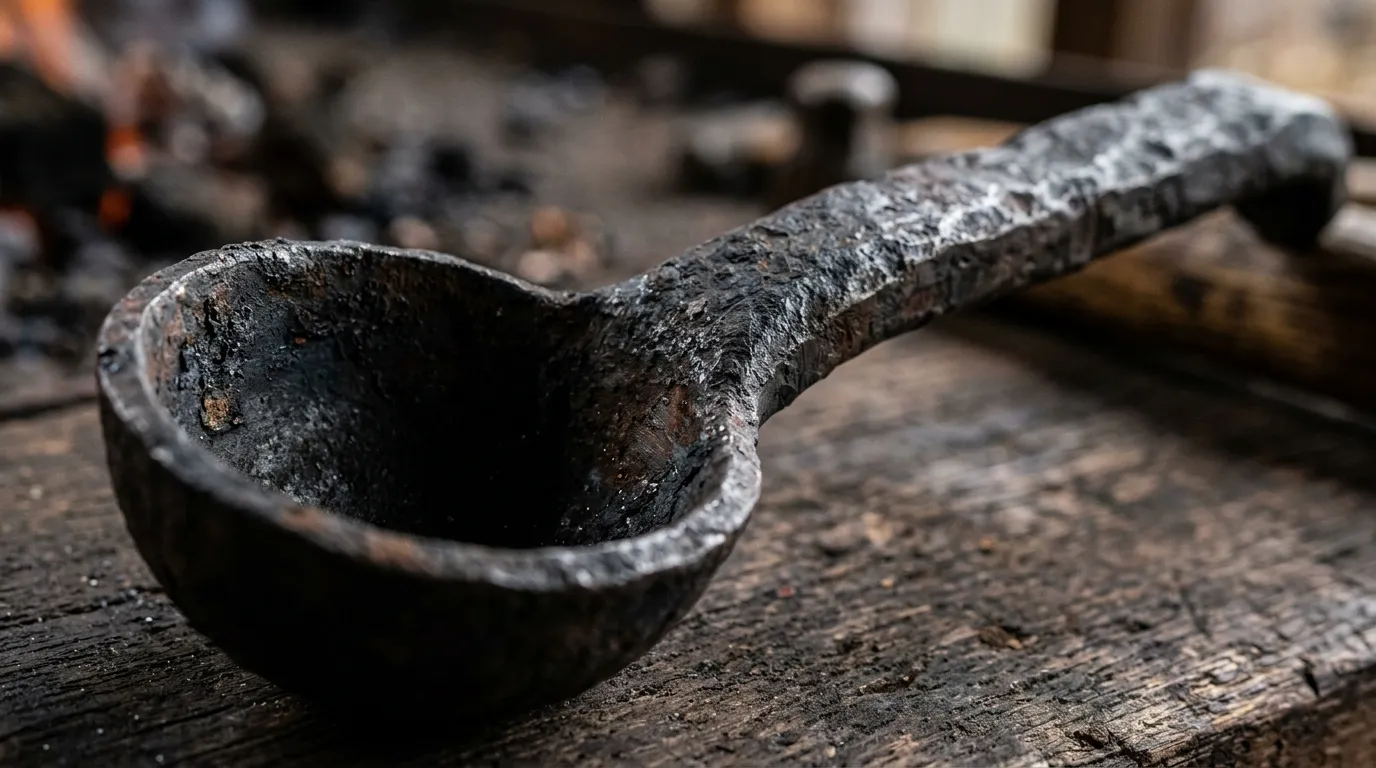 Close-up of the deep bowl and thick handle of the cast-iron casting spoon