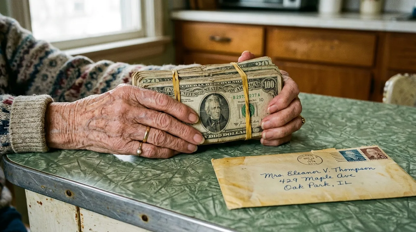 Old money bundled with rubber bands next to a handwritten envelope