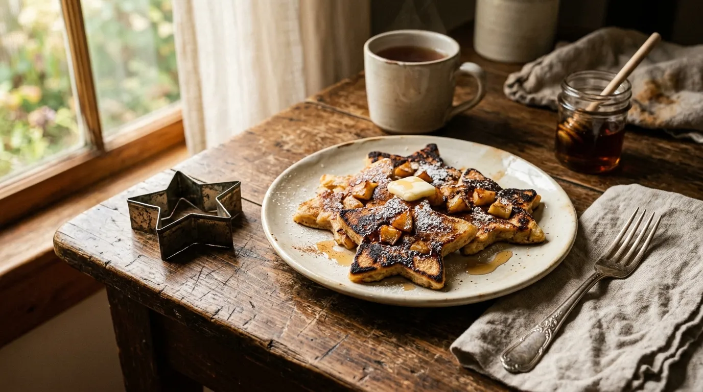 A plate of star-shaped apple pancakes with slightly burned edges next to an old metal cutter on a wooden table.