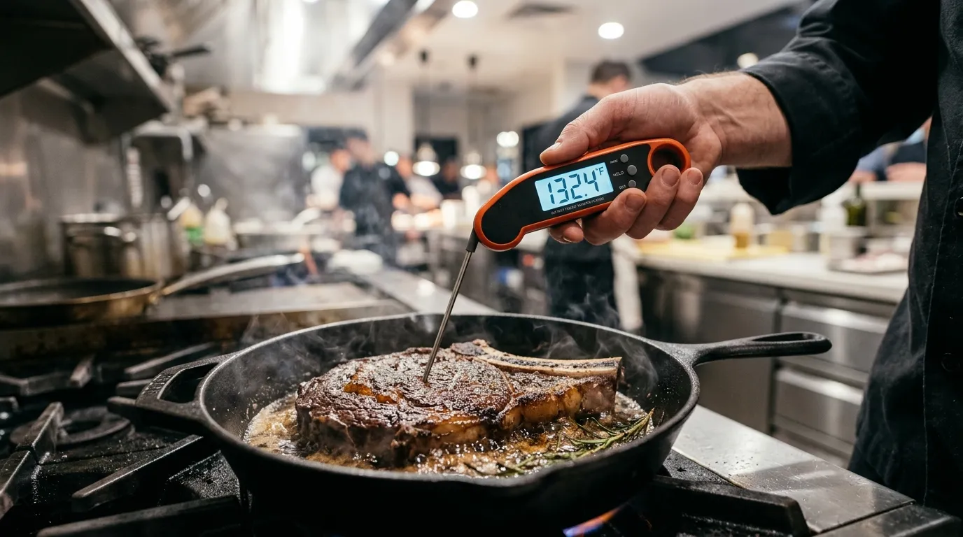 Chef using a digital meat thermometer on a cooking steak