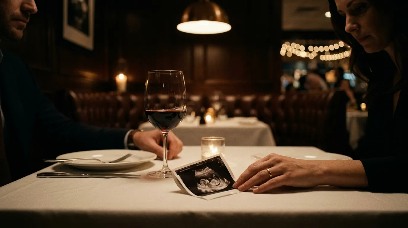 A tense upscale dinner table with a folded ultrasound printout sitting next to a half-empty wine glass.