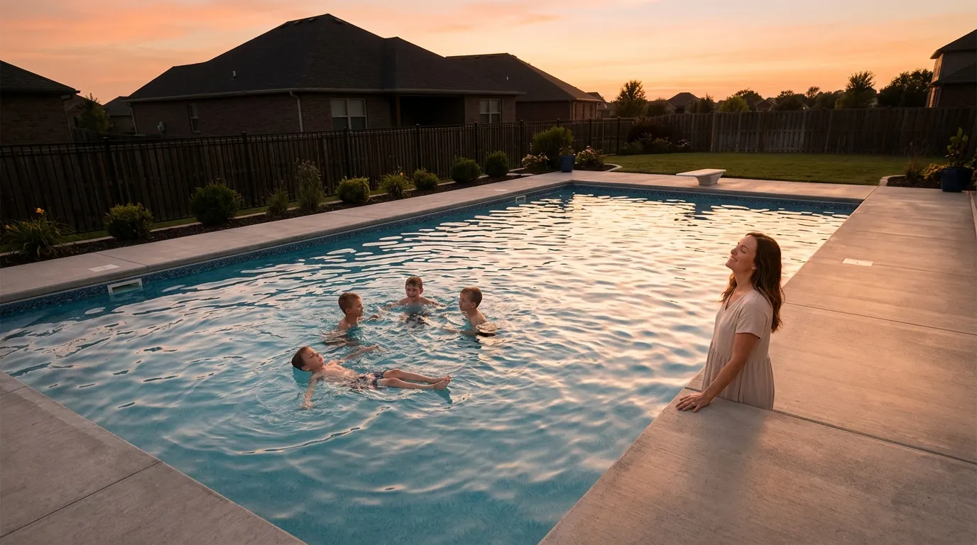 Steve's finished hand-built backyard pool at sunset