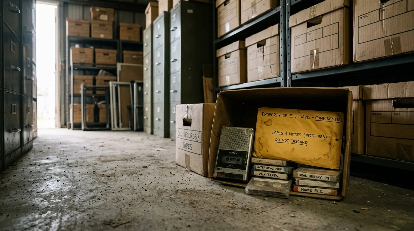 Old box with a cassette recorder and yellow envelope