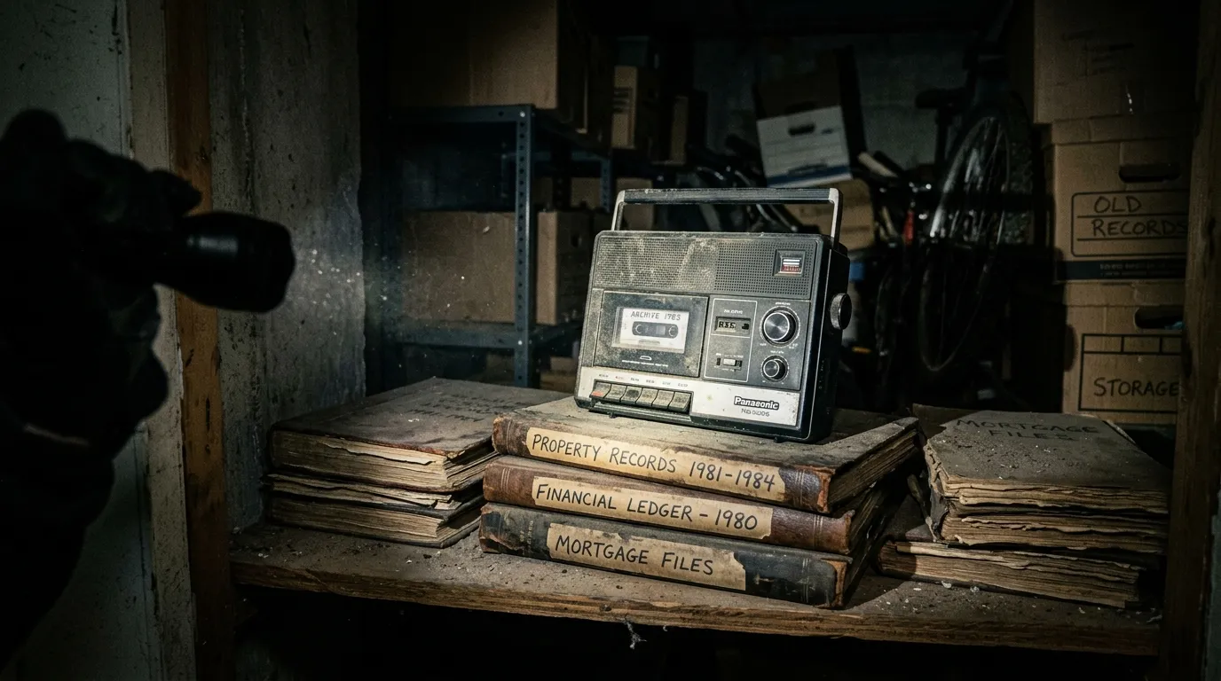 A vintage tape recorder sitting on old ledgers in a dimly lit storage unit illuminated by a flashlight.