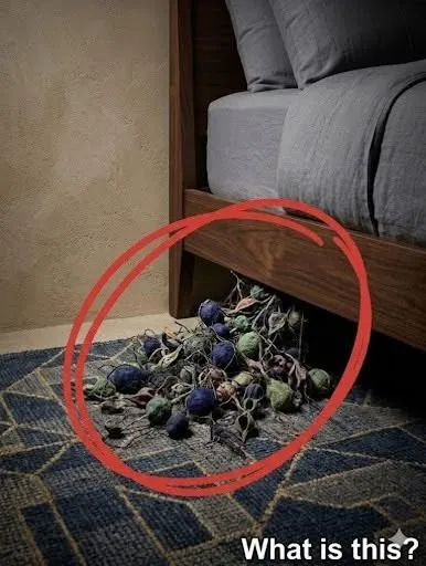 A dusty clump of dried potpourri and twigs illuminated by a flashlight under a bed.