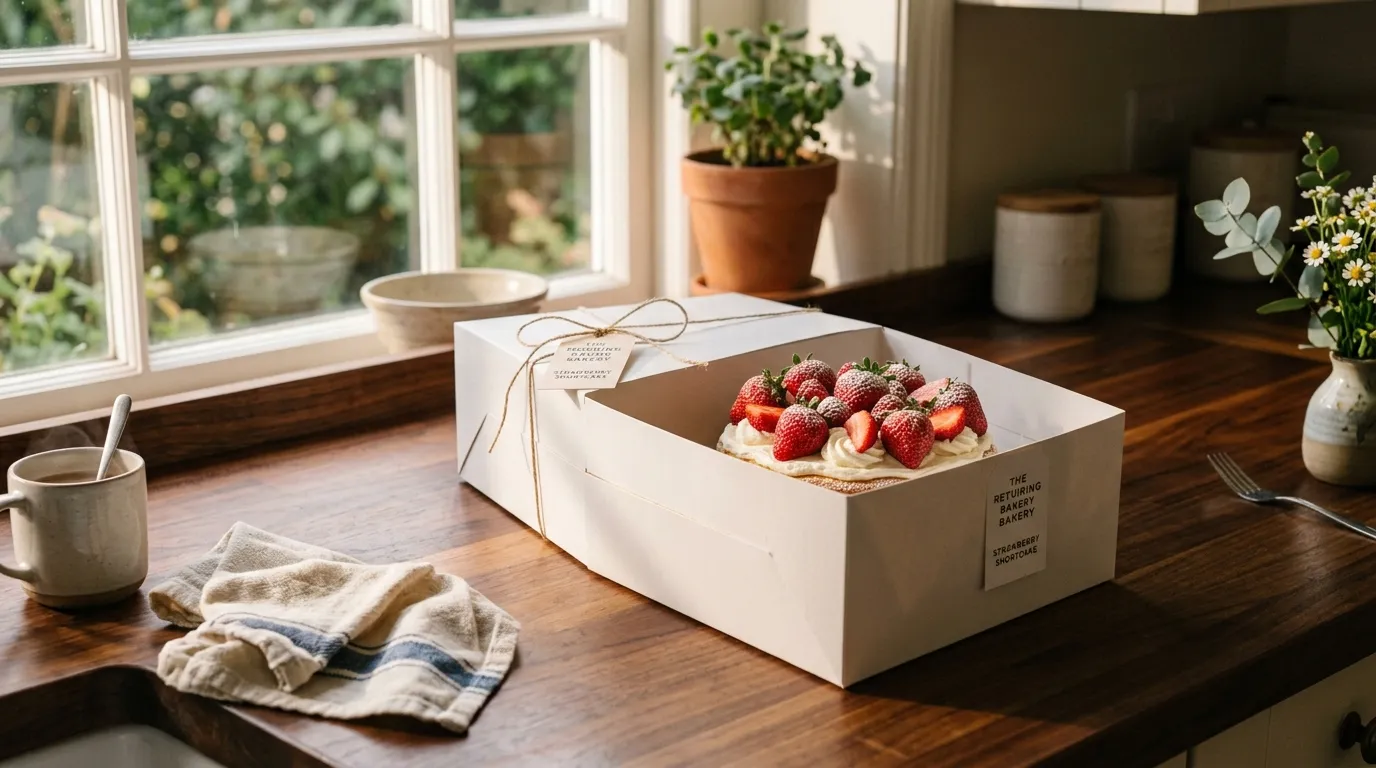 A white bakery box with a strawberry shortcake inside sitting on a sunlit kitchen counter.