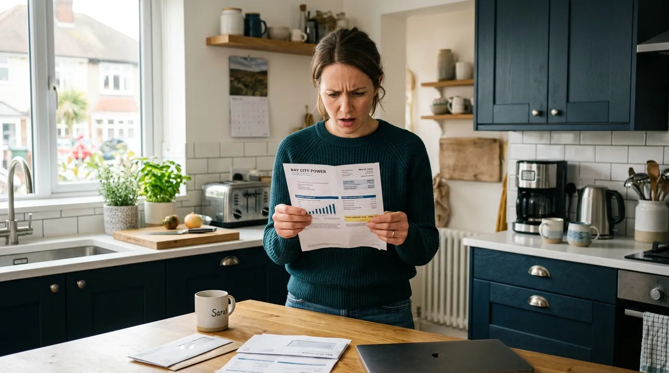 Sarah looking stressed while reading a high electricity bill in her kitchen