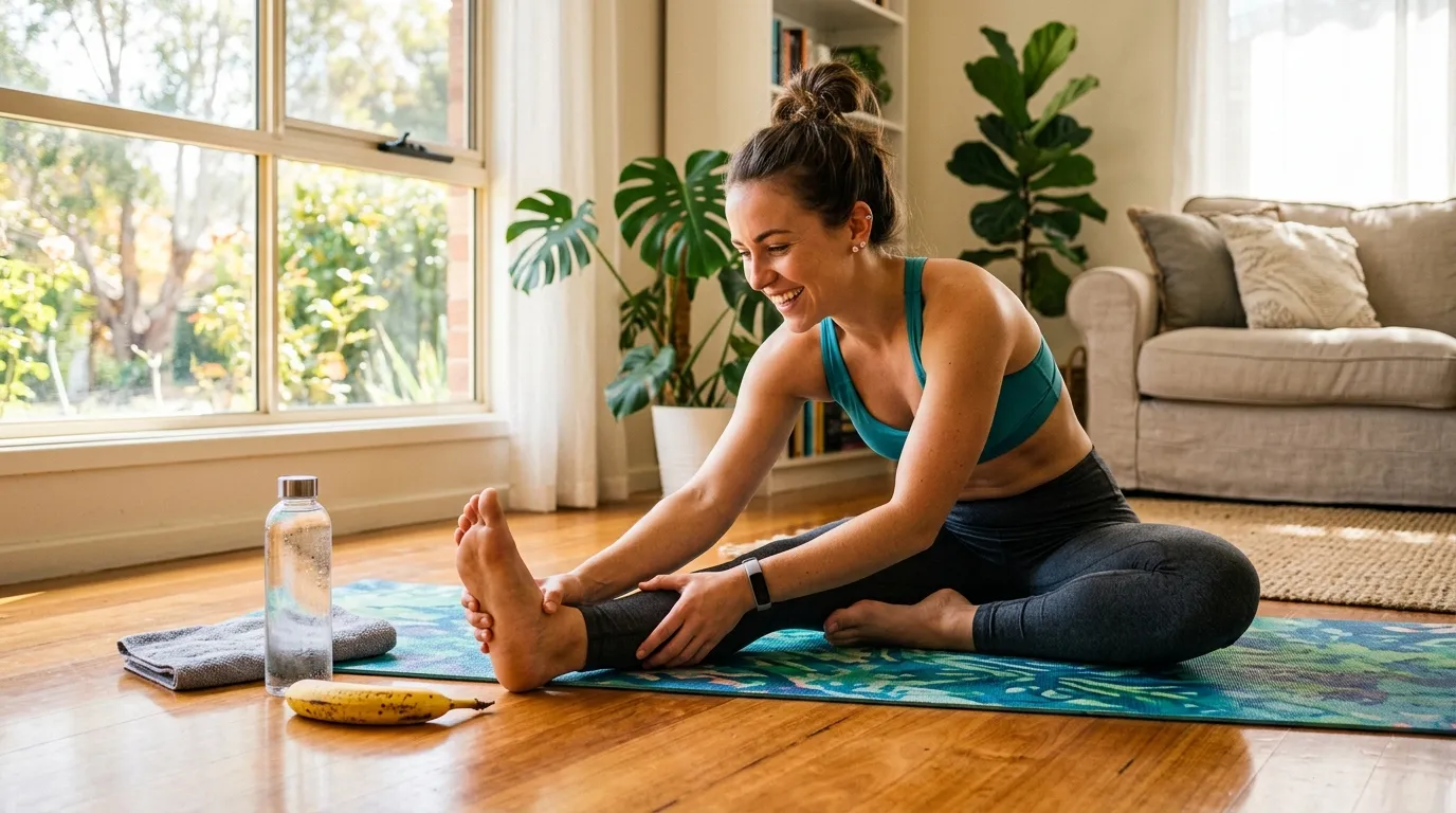 A person stretching on a yoga mat with a water bottle and banana nearby