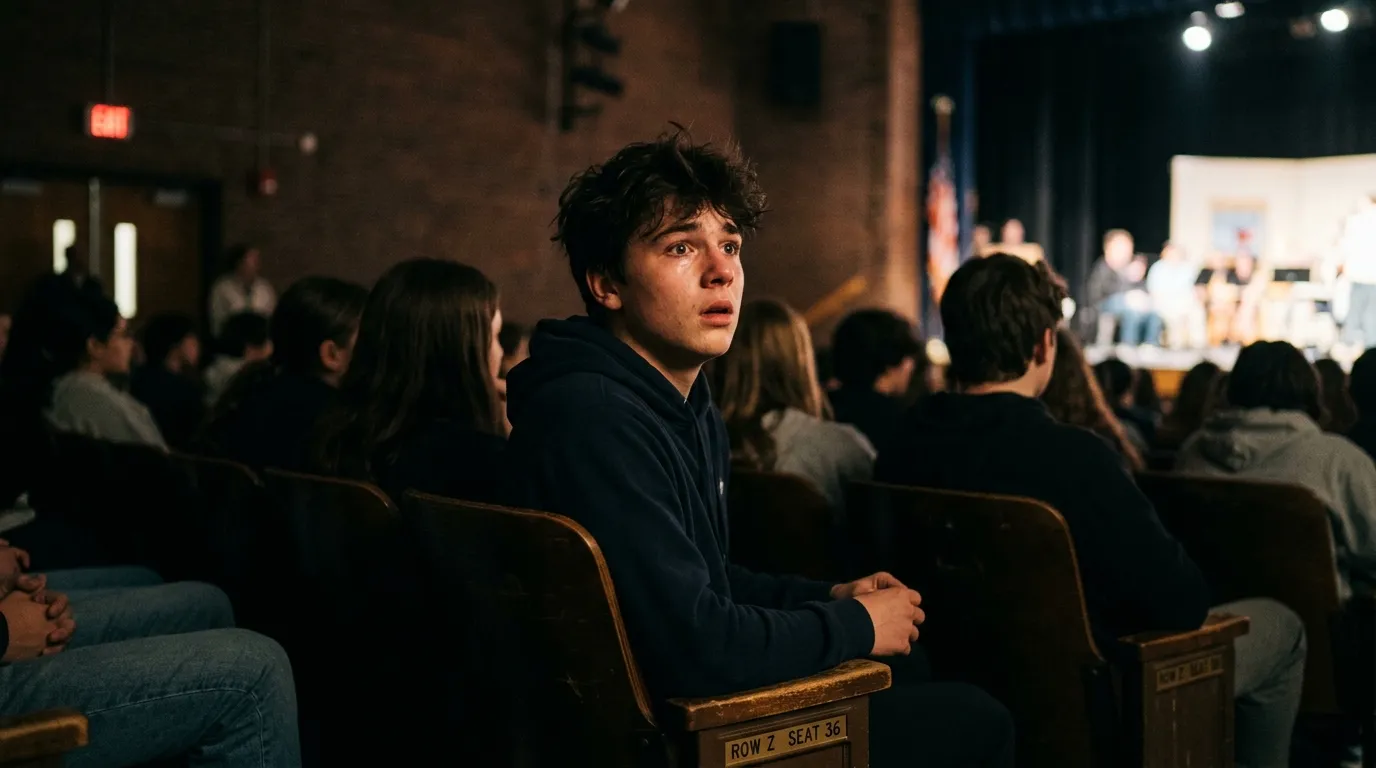 A teenage boy in the back of an auditorium sitting up straight and raising his hand.