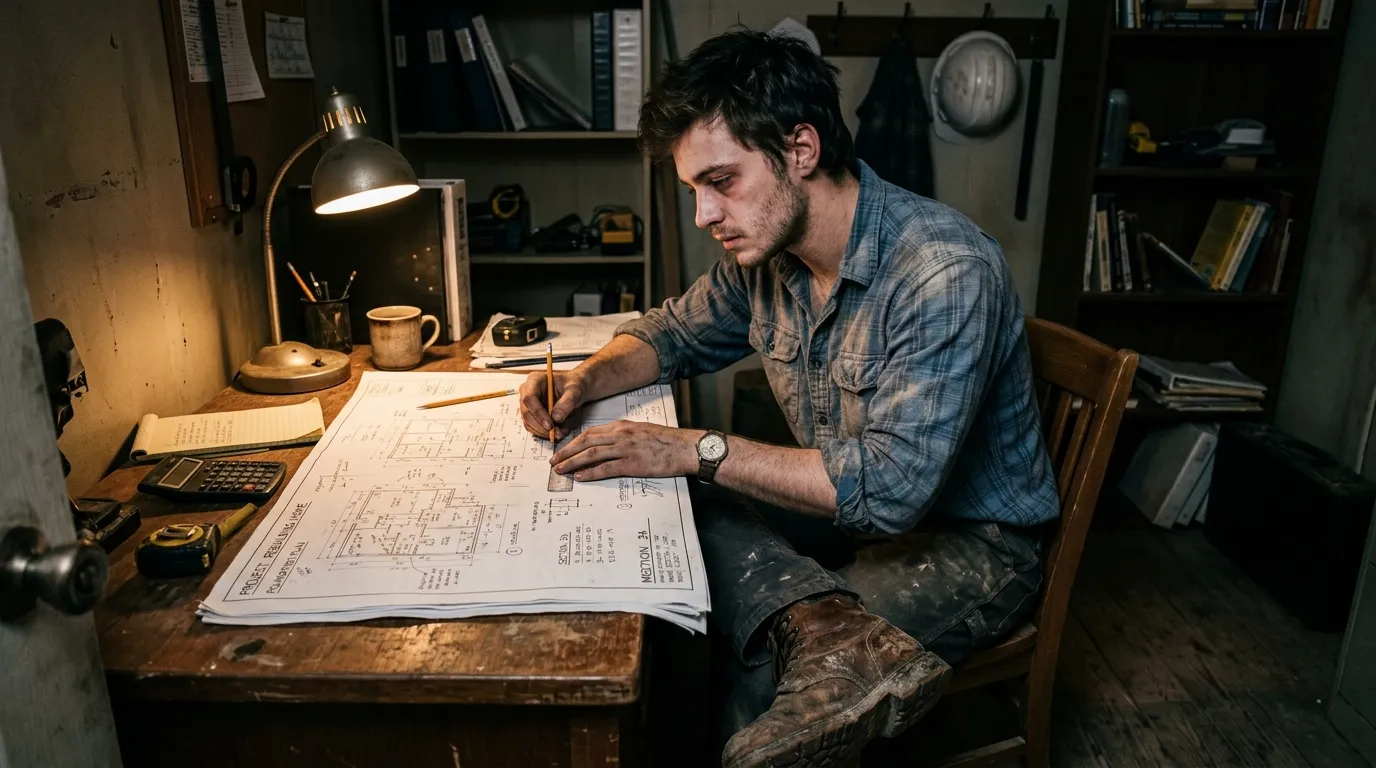 Determined young man studying construction blueprints at a small desk