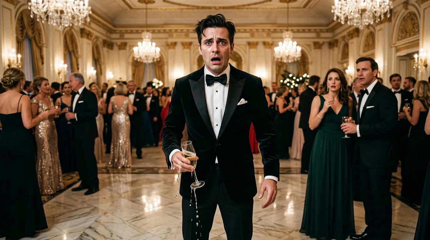 A polished, arrogant man in a tuxedo stands frozen, his expression one of absolute shock and realization.