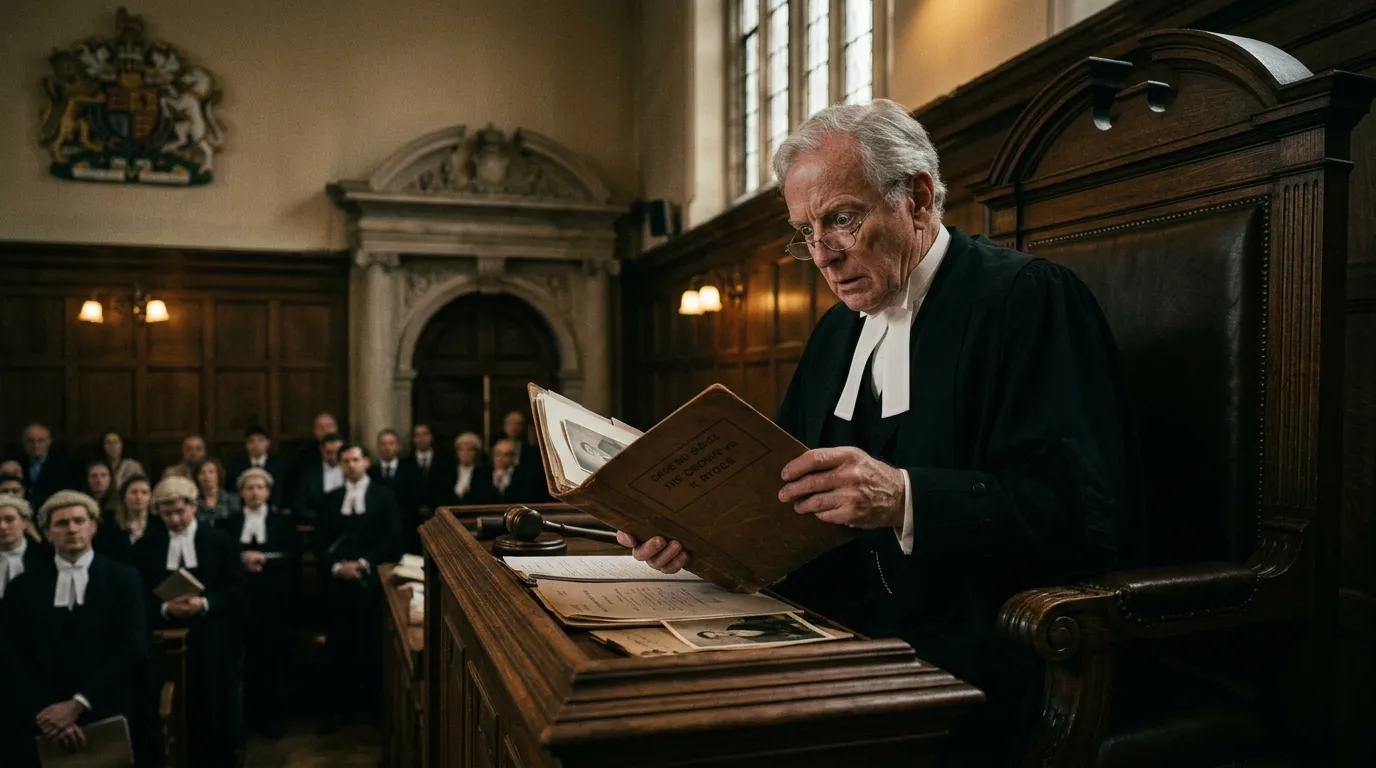 A stunned judge in black robes looking down from his bench with wide eyes, holding a case file, recognizing someone in the courtroom.