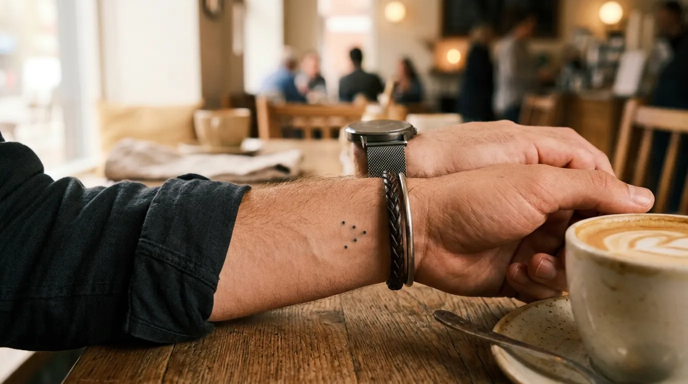 Close up of a subtle three-dot tattoo arranged in a triangle on a man's wrist.