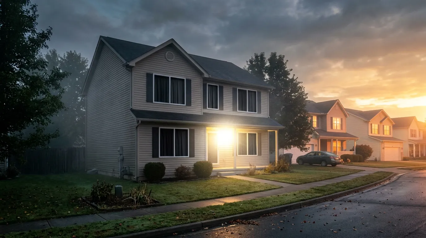 A quiet suburban house with all curtains tightly drawn closed
