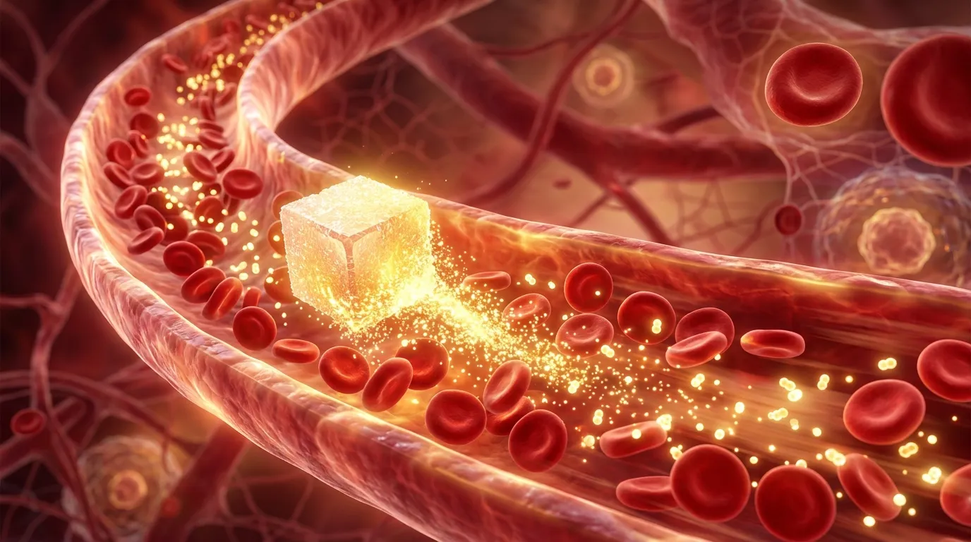 Conceptual 3D illustration of sugar dissolving in a bloodstream