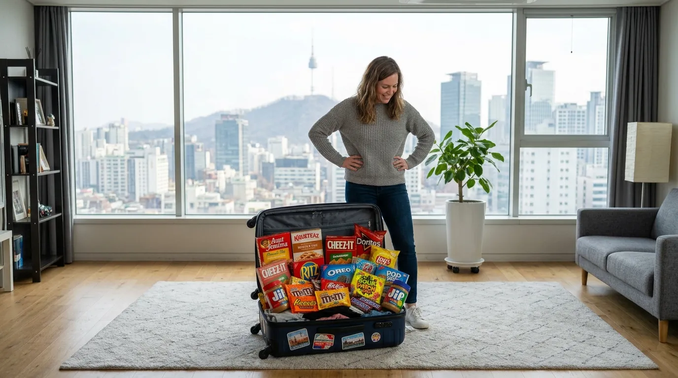 An open suitcase overflowing with American pancake mix, candy, and snacks in a sleek Korean apartment.