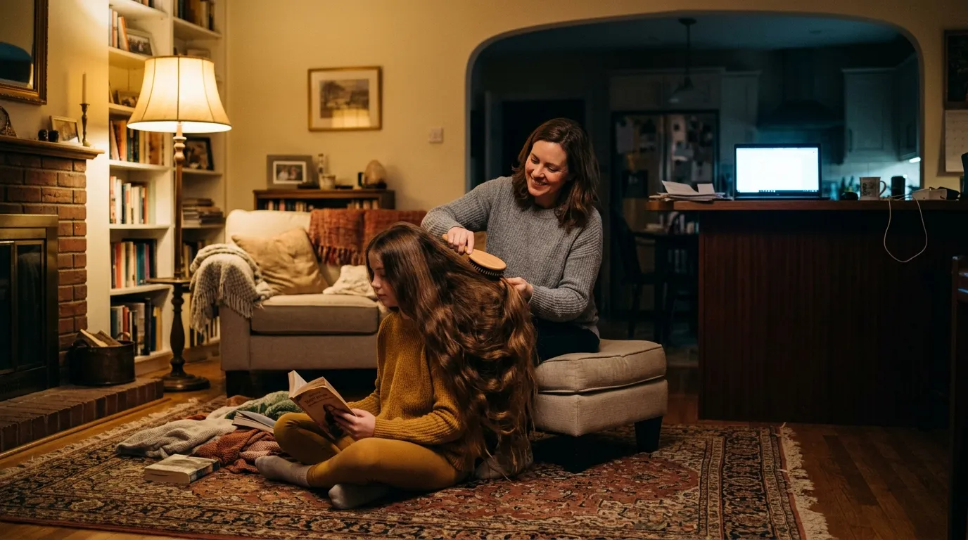 Mother brushing her daughter's long chestnut hair in a softly lit living room