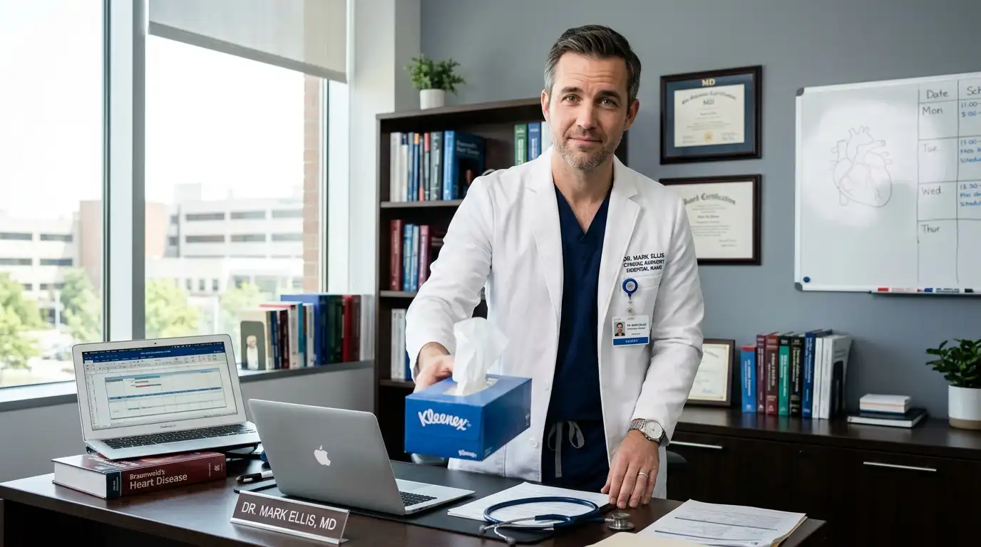 A handsome cardiac surgeon in scrubs offering a box of tissues in a bright hospital office